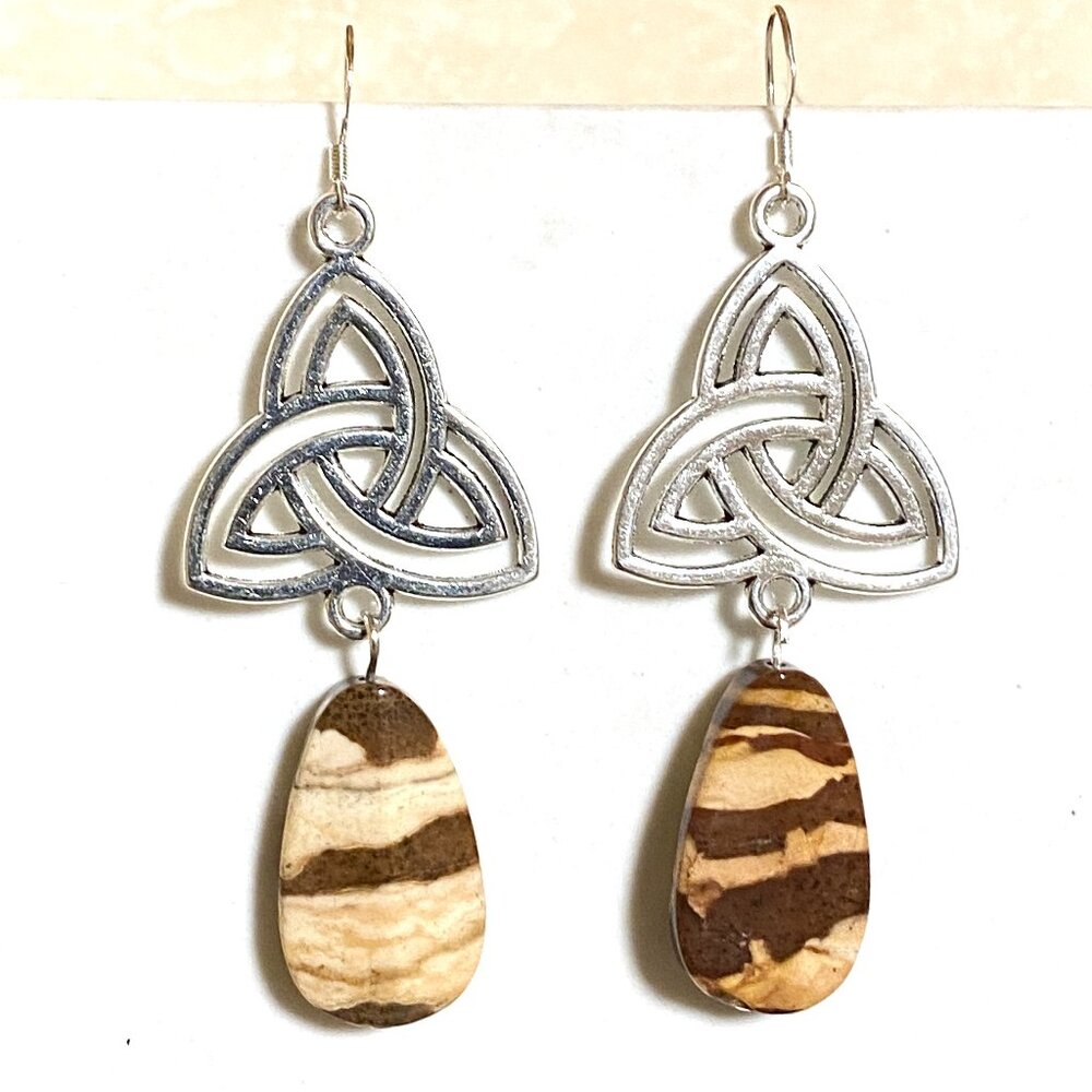 2/$20, Genuine Zebra Jasper Triqueta Sterling Silver Dangle Earrings